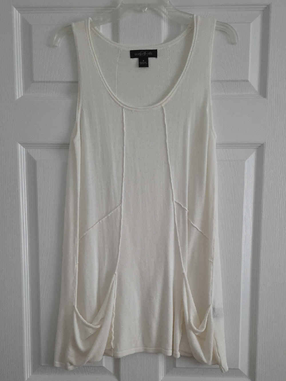august silk Cream Scoop Neck Sleeveless Tunic with Draped Pockets